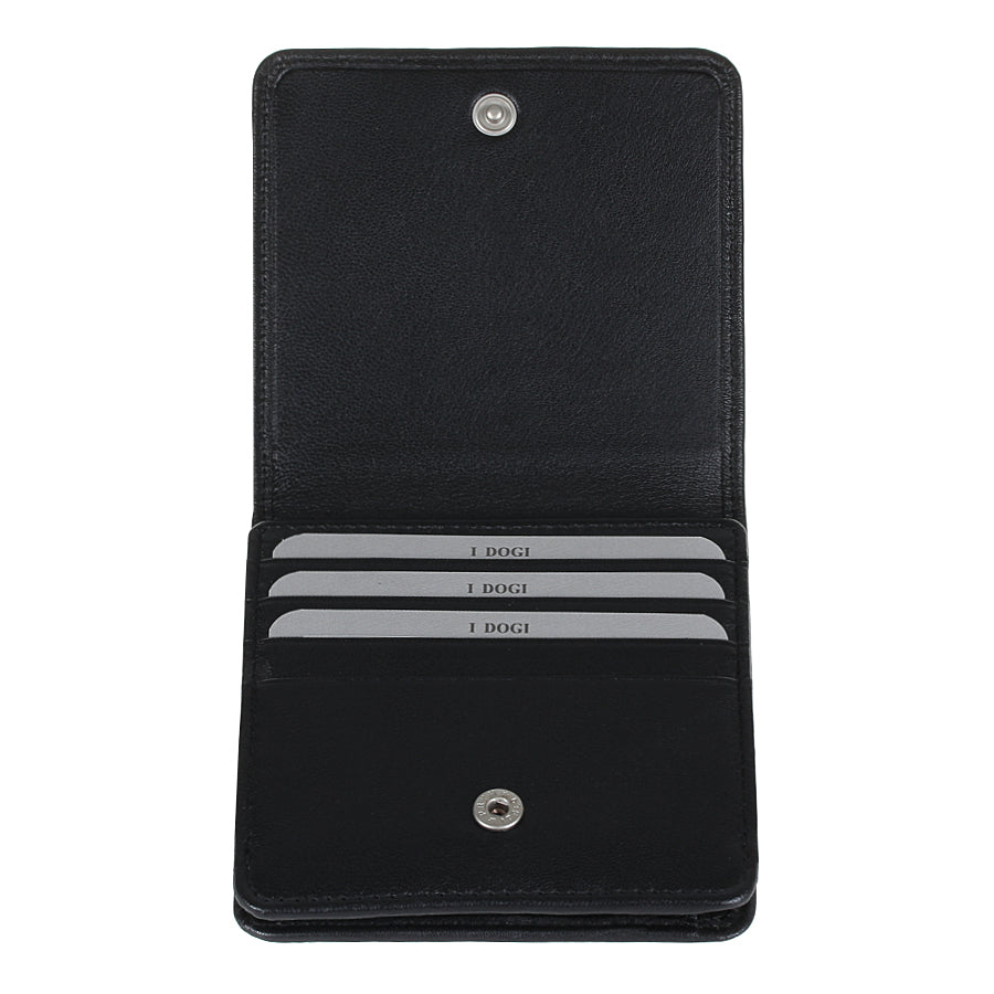 Tony Perotti Cortina 5064 nero opened with the flap raised, showing the card slots and the press studs above and below