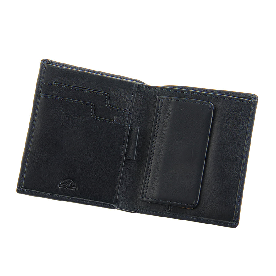 Tony Perotti New Contatto 3504 navy wallet opened — 2 card slots, pull tab and flap coin pocket