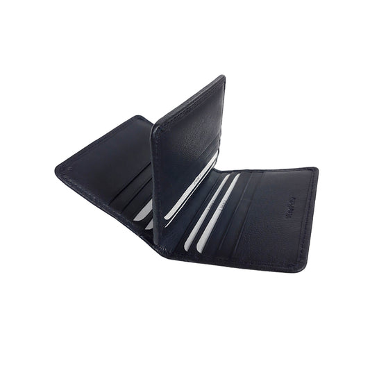 Tony Perotti Cortina 5023 navy — opened, showing the hinged inner leaf and the rows of card slots