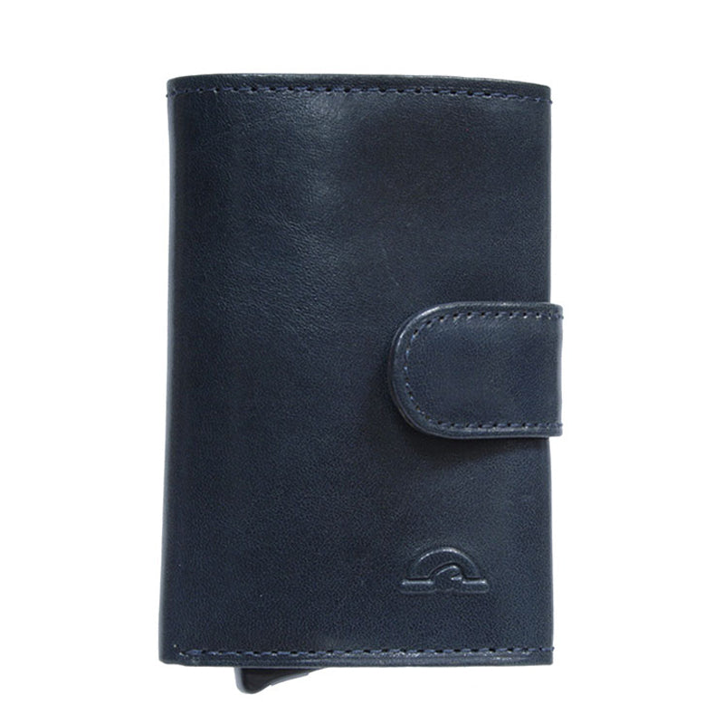 Navy leather RFID card holder Tony Perotti Nevada 3768 navy — front with leather tab and turtle emblem