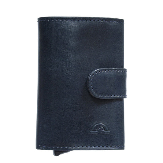Navy leather RFID card holder Tony Perotti Nevada 3768 navy — front with leather tab and turtle emblem