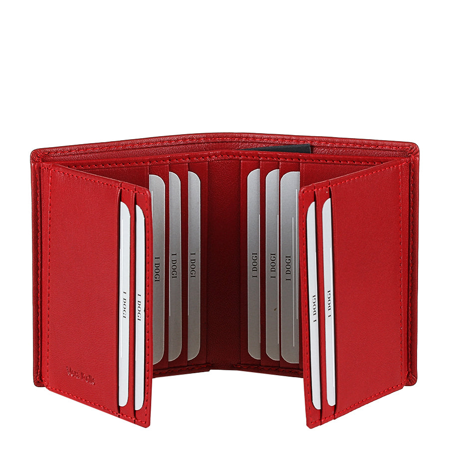 Tony Perotti Cortina 5088 rosso opened wide — both flip-out wing panels raised, cards held on four inner faces