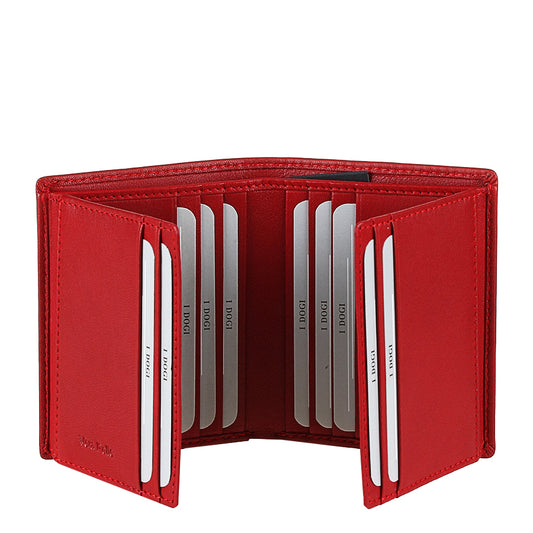 Tony Perotti Cortina 5088 rosso opened wide — both flip-out wing panels raised, cards held on four inner faces