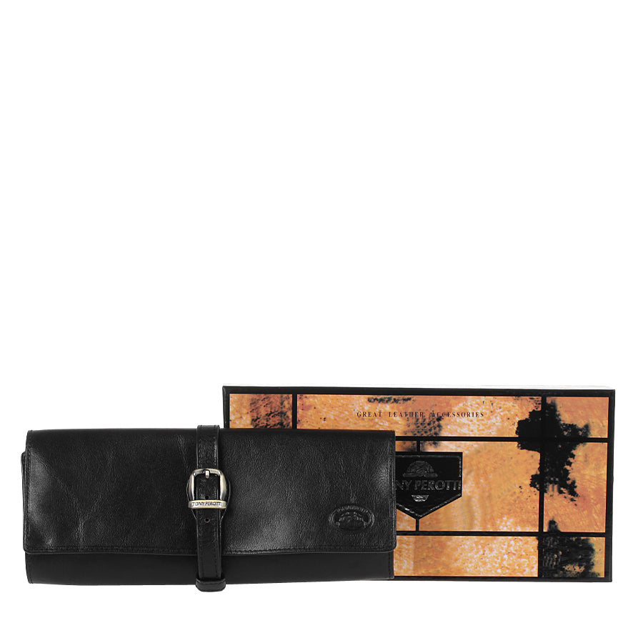 Black leather jewelry case Tony Perotti Italico 1286 nero next to its branded gift box