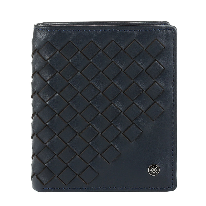 Tony Perotti Timone intrecciato 12071 navy navy woven leather compact wallet, front with ship's wheel plate