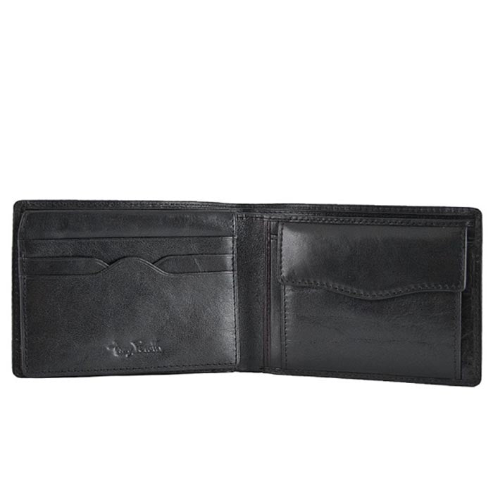 Open black leather bifold wallet with card slots and coin pocket — Tony Perotti Italico 396 nero