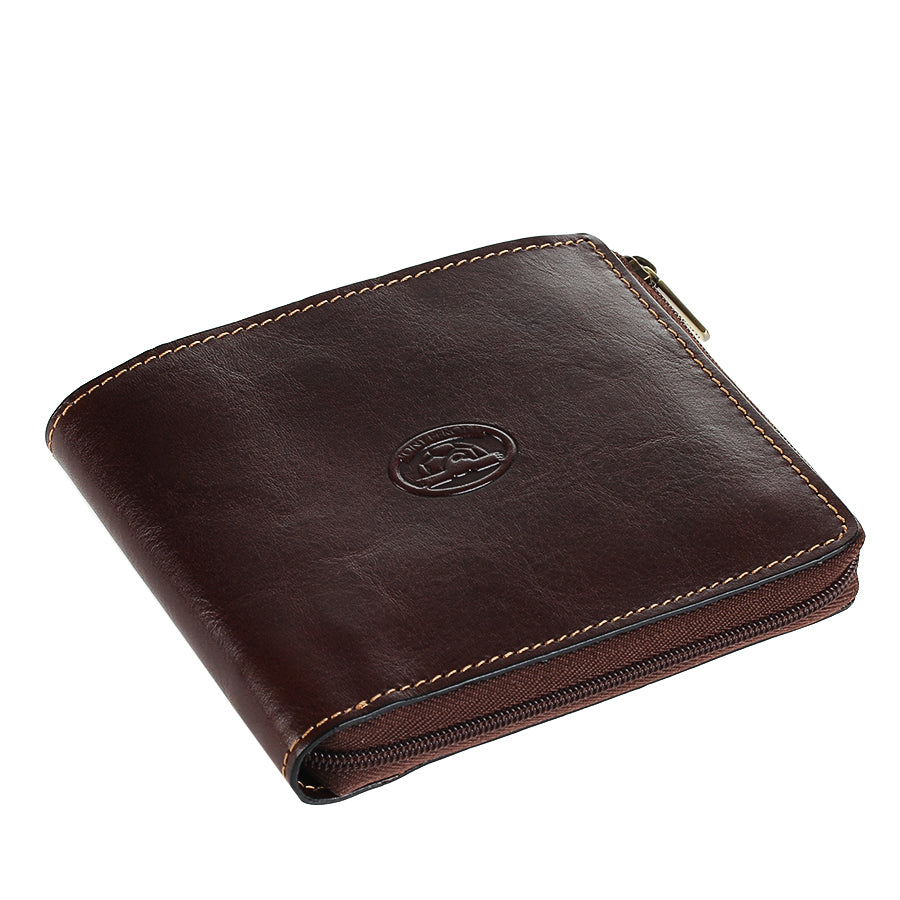 Tony Perotti Italico 3645 moro dark brown leather wallet from above — zip along the bottom and side edges