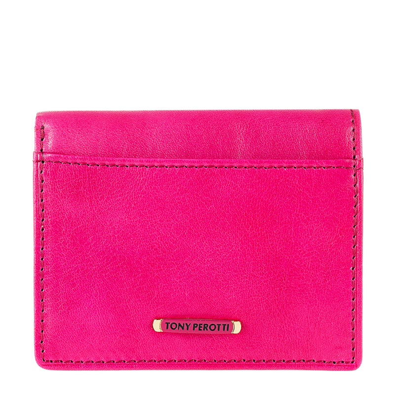 Tony Perotti Topkapi 1034 geranio — the pink leather card holder closed, with the small gold TONY PEROTTI plate on the front
