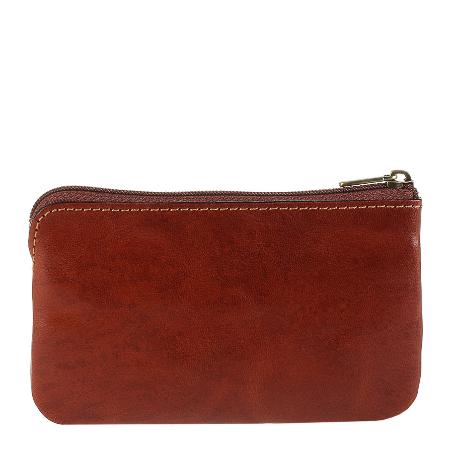 Cognac leather key pouch, plain back panel with top zip — Tony Perotti Italico 359 cognac