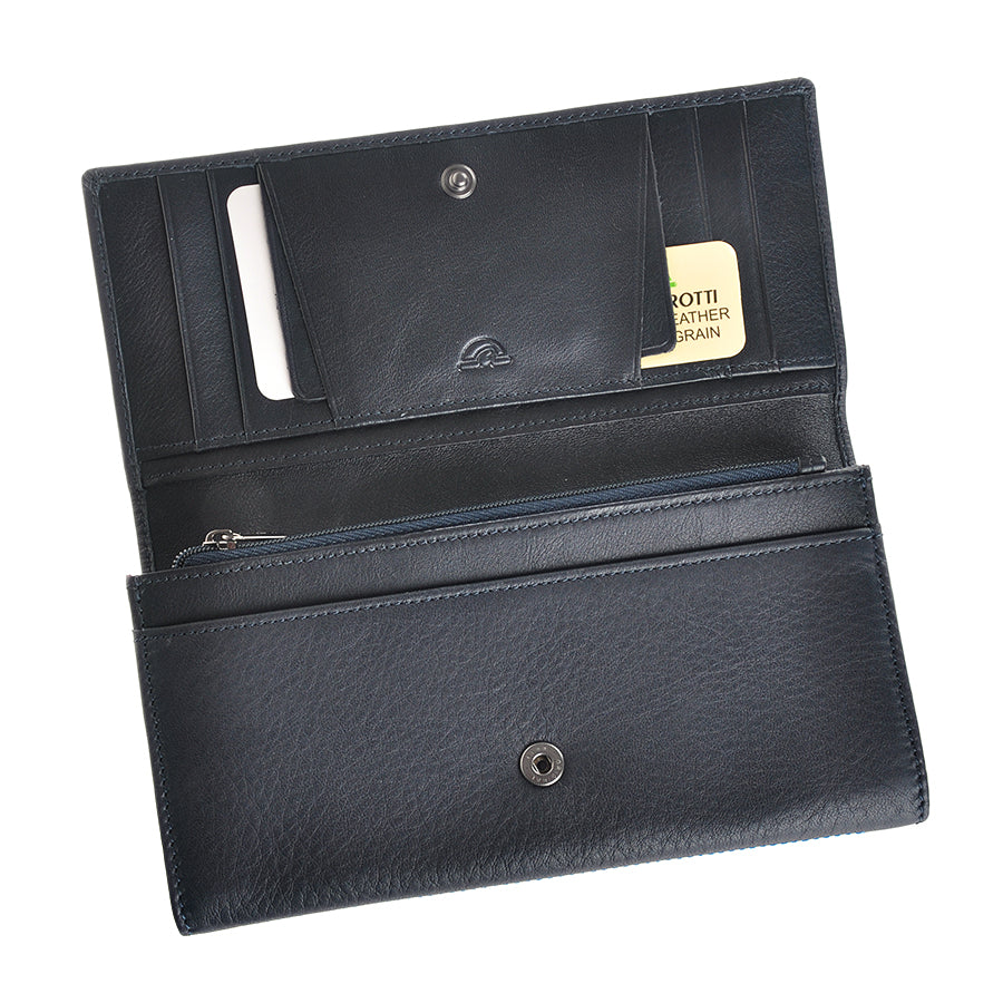 Tony Perotti New Contatto 3435 navy wallet open with card slots, ID window and zip coin pocket