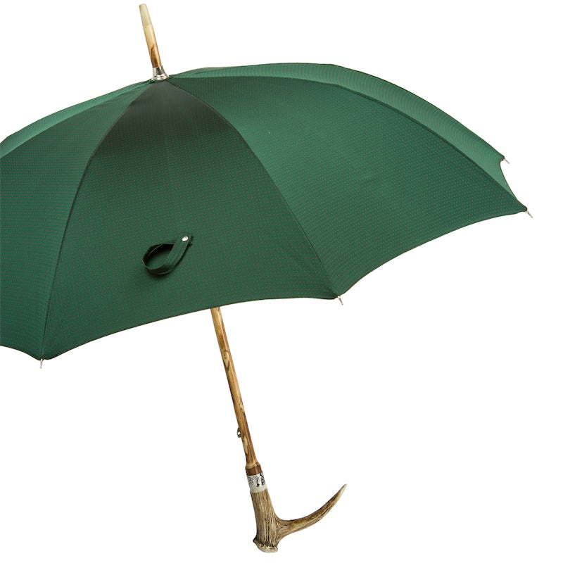 Open green umbrella from the side with deer antler handle