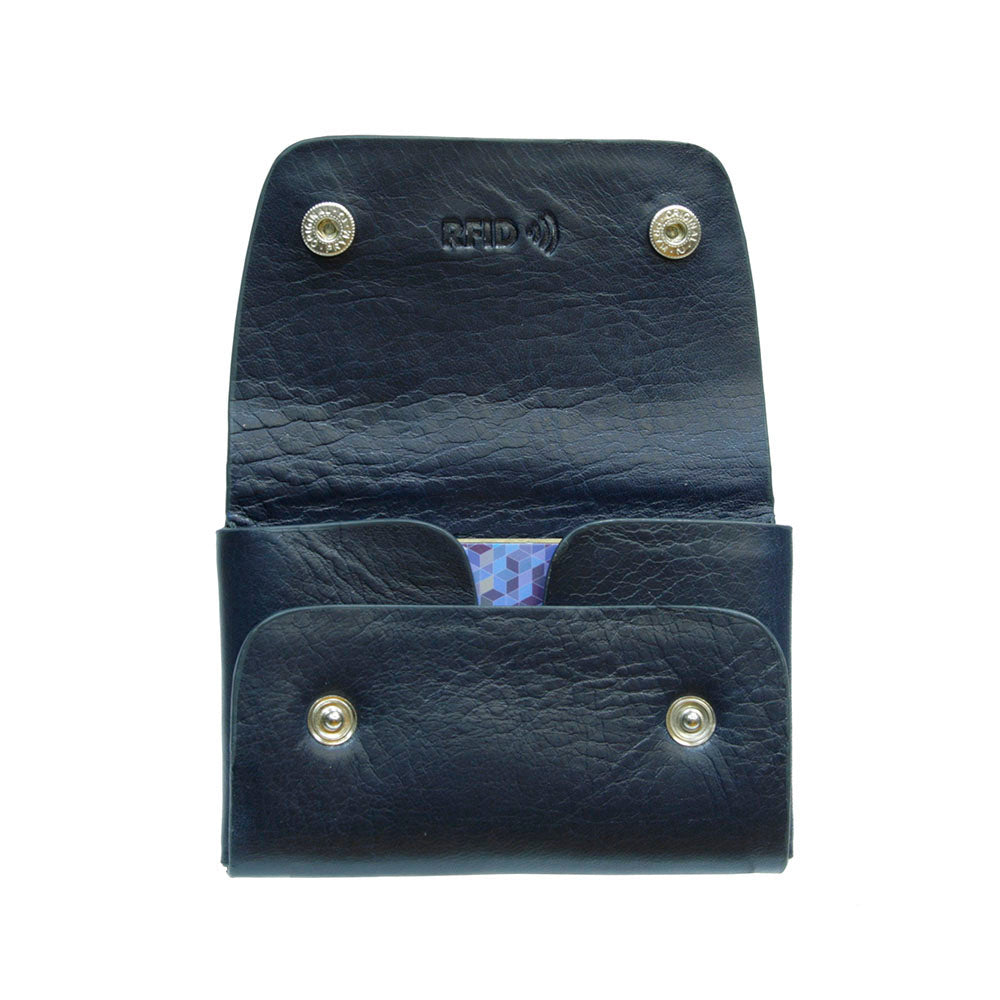 Tony Perotti Nevada 3740+RFID navy card holder with the flap unfolded and a card inside