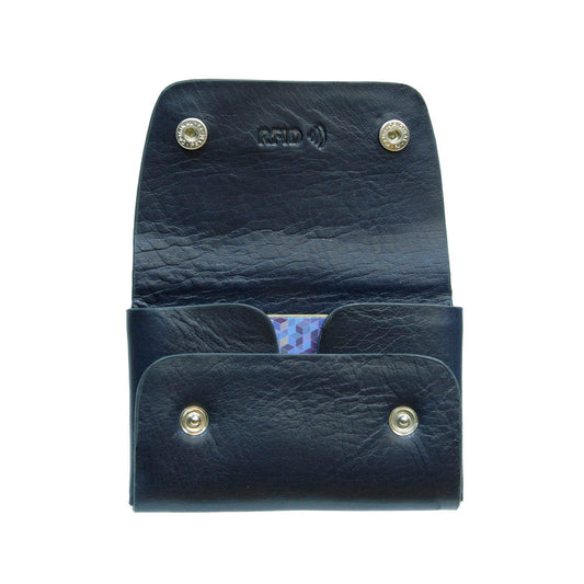 Tony Perotti Nevada 3740+RFID navy card holder with the flap unfolded and a card inside