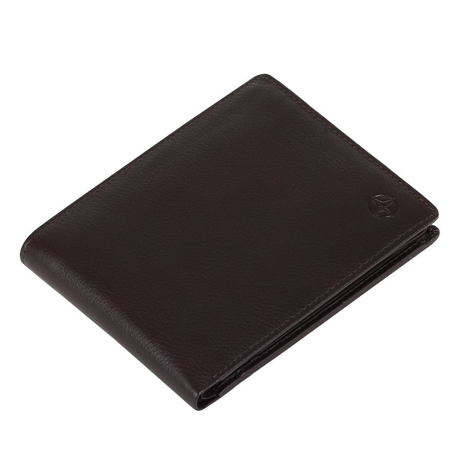 Dark brown Tony Perotti Cortina 5017 wallet lying closed, seen from above — the fold and the slim profile