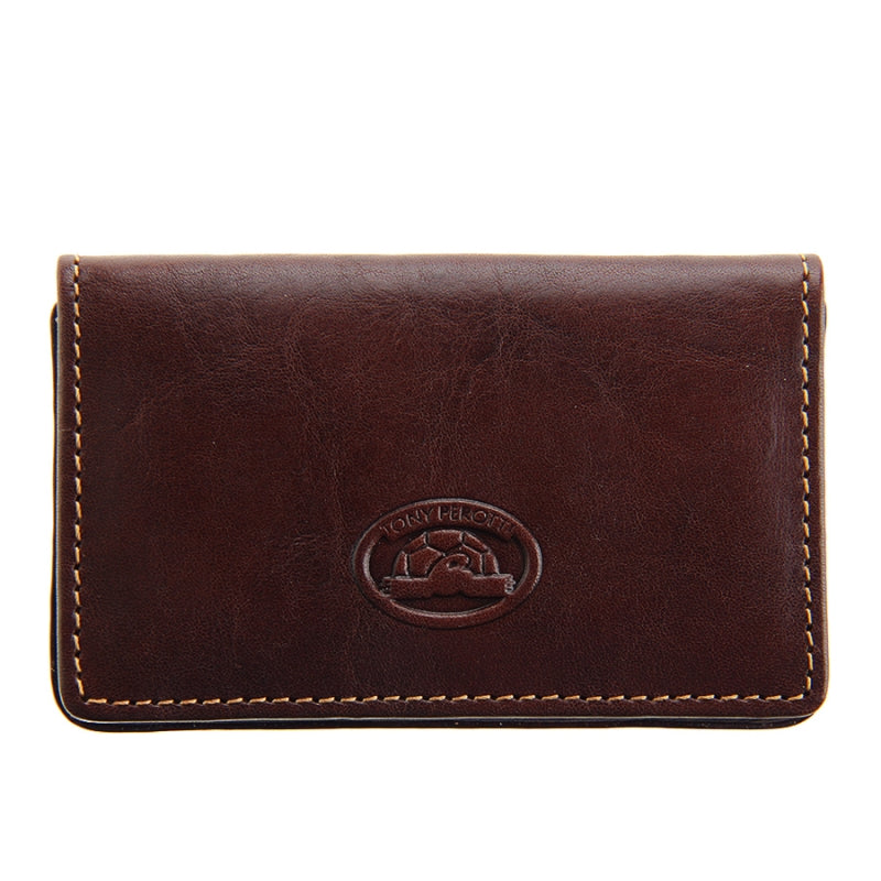 Tony Perotti dark brown bull leather business card holder with turtle emblem — Italico 2678 moro