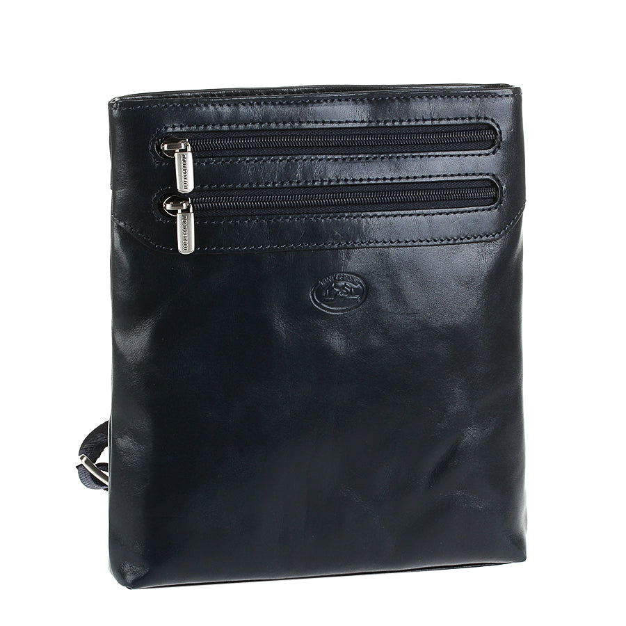 Angled view of the Tony Perotti Italico 6048 navy crossbody bag showing glossy full-grain bull leather