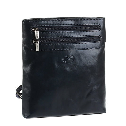 Angled view of the Tony Perotti Italico 6048 navy crossbody bag showing glossy full-grain bull leather