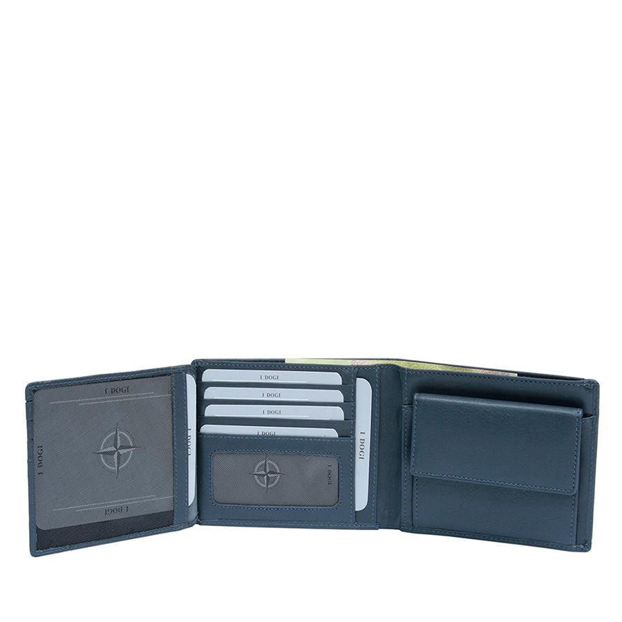 Tony Perotti Cortina 5036 navy with the inner panel raised — further card slots and the mesh ID window with the compass rose