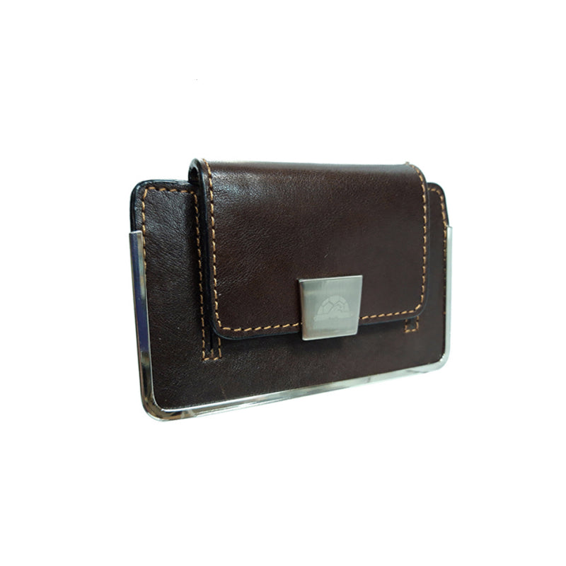 Tony Perotti Italico 2286 moro — the dark brown leather business card case closed, showing the metal frame at the corners