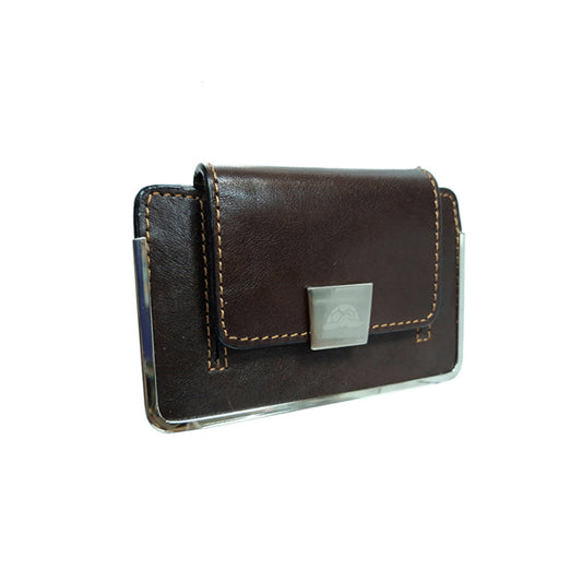 Tony Perotti Italico 2286 moro — the dark brown leather business card case closed, showing the metal frame at the corners