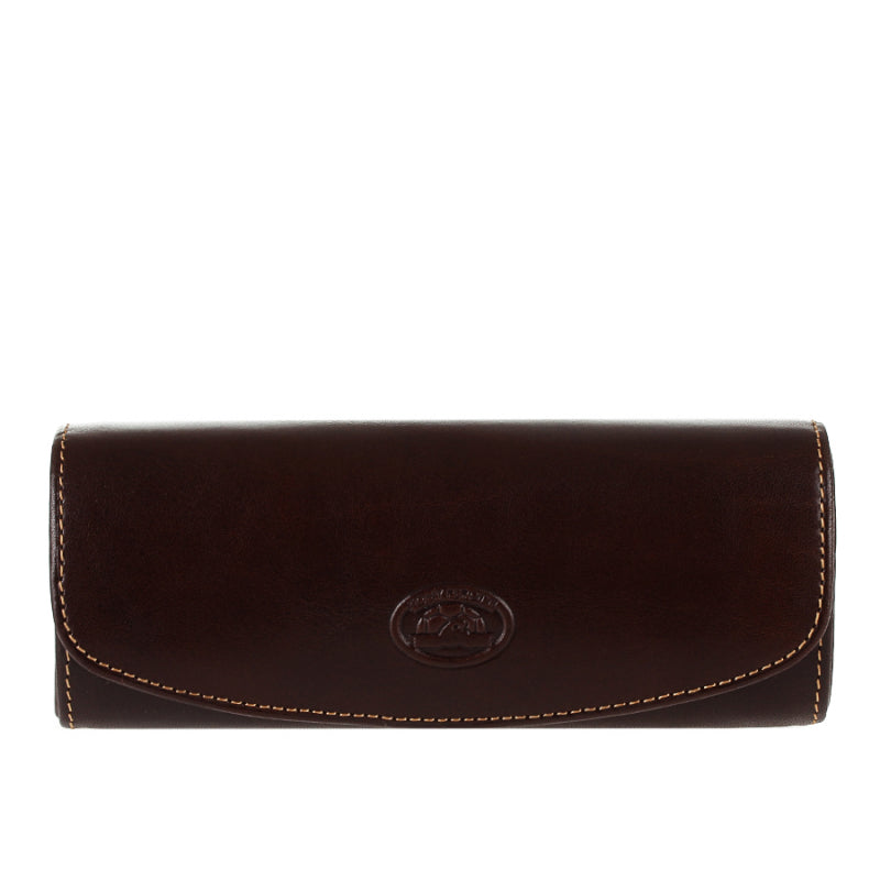 Dark brown leather hard glasses case Tony Perotti Italico 1290 moro — front with the curved flap and the embossed oval turtle emblem