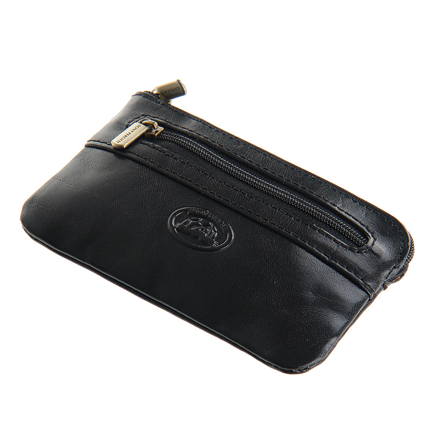Tony Perotti black bull leather zip key pouch with front zip pocket — Italico 359 nero