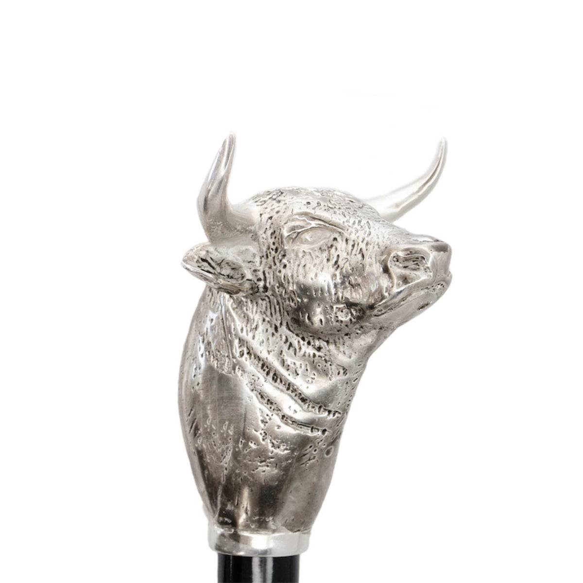 Textured silver-tone bull head with curved horns on a silver-tone collar, handcrafted in Italy