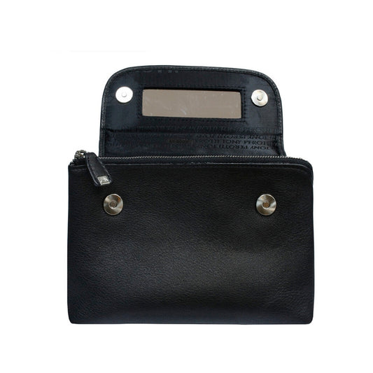 Open Tony Perotti black leather cosmetic bag showing built-in mirror and magnetic snap closure