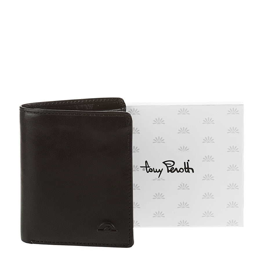 Tony Perotti Nevada 3774 nero black leather wallet next to its white Tony Perotti gift box