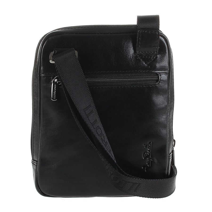 Back of the small black Italico 6056 bag — rear flat zip pocket, black jacquard strap and embossed Tony Perotti signature