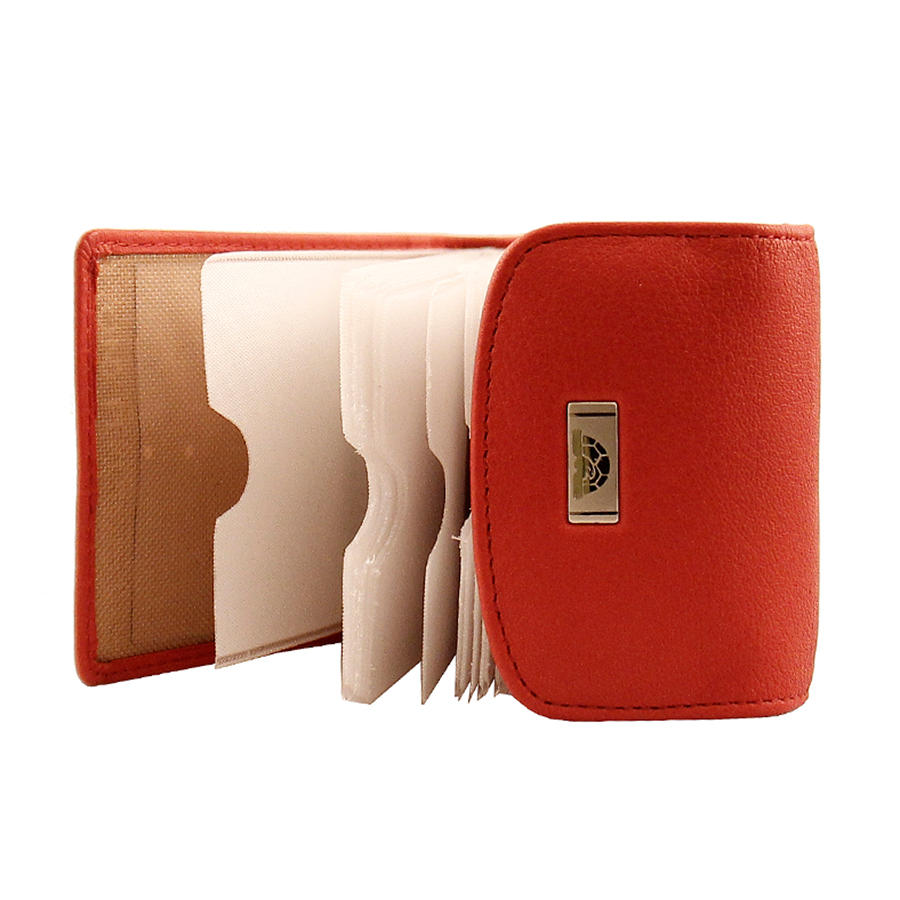 Tony Perotti Contatto 1703 rosso — the holder open with the files fanned, seen from the side