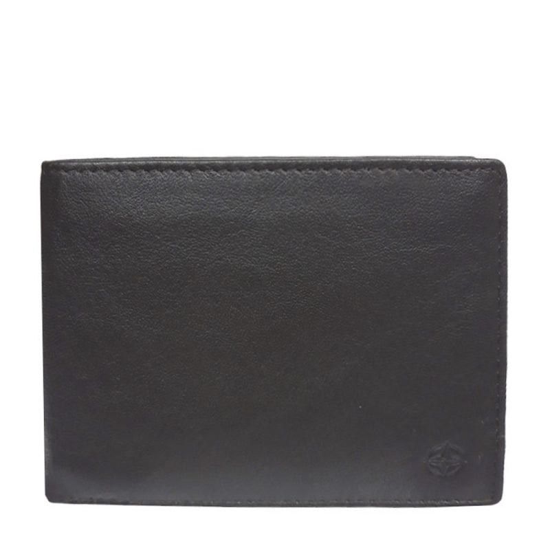Dark brown Tony Perotti Cortina 5052 leather bifold wallet seen straight on, closed, with the embossed compass rose in the lower corner