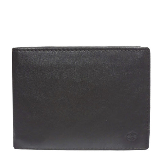 Dark brown Tony Perotti Cortina 5052 leather bifold wallet seen straight on, closed, with the embossed compass rose in the lower corner