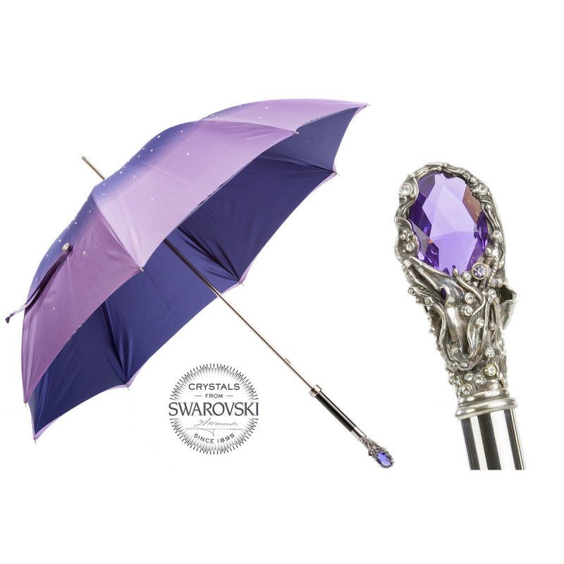 Pasotti women's purple double canopy umbrella with Swarovski crystals, open, with a close-up of the handle — 185N 21284-14 W68