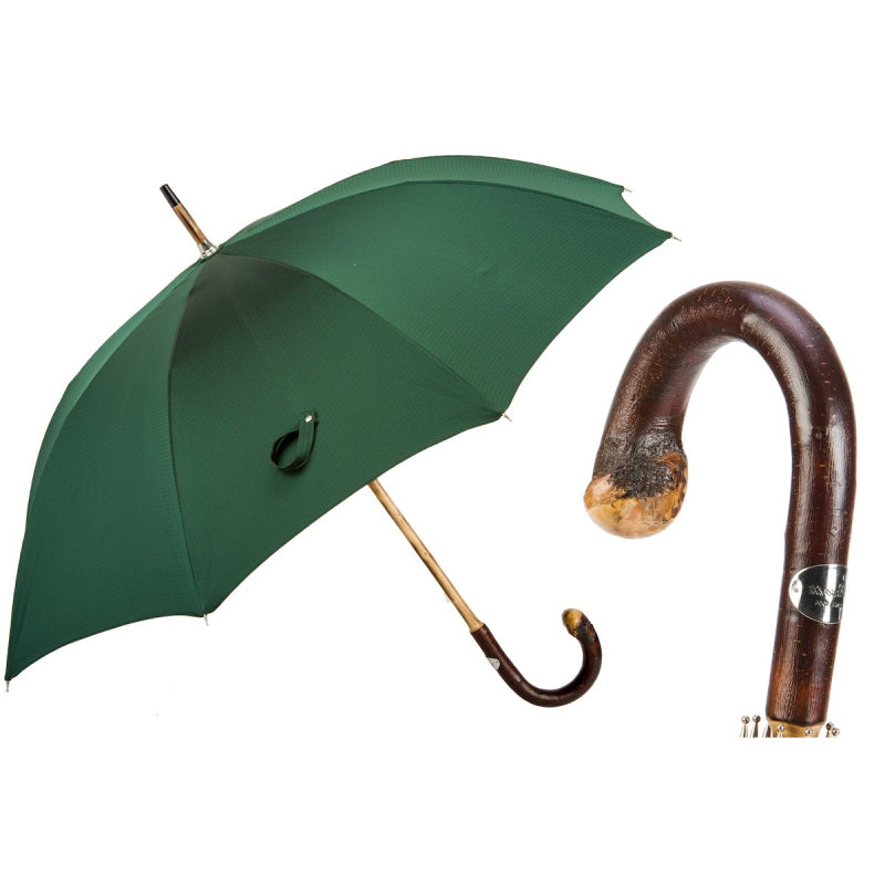 Pasotti men's dark green umbrella with red dots and chestnut handle, open, with a close-up of the handle — 142 Pto CN9 CBR