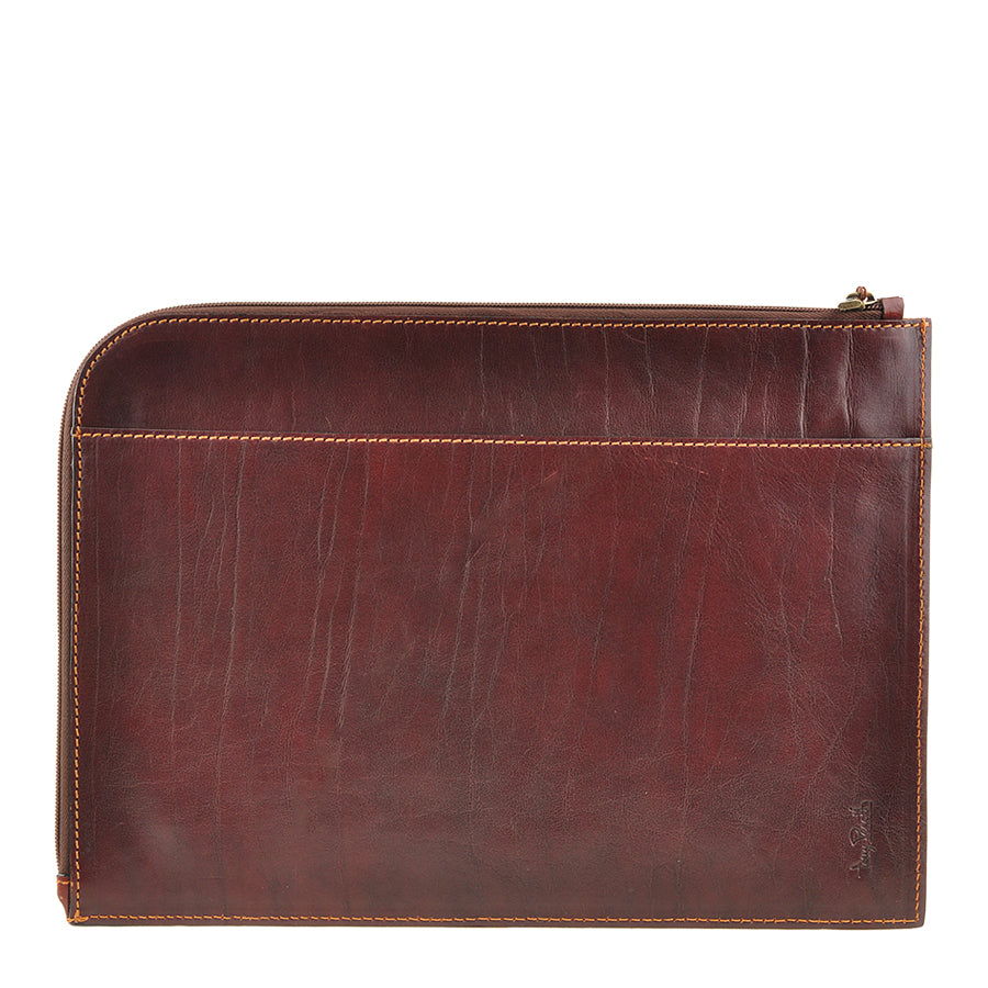 Back of the dark brown Italico 8017L folio — full-width open pocket and embossed Tony Perotti signature