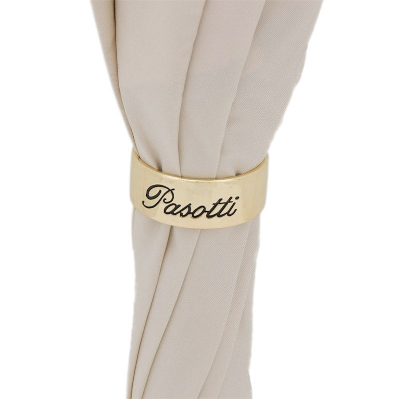 Gold-tone ring engraved Pasotti on the furled ivory canopy