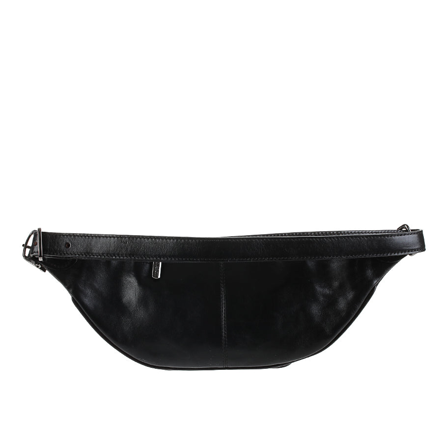 Back of the black Tony Perotti Italico 8018 belt bag — leather belt with a silver-tone buckle stitched along the top