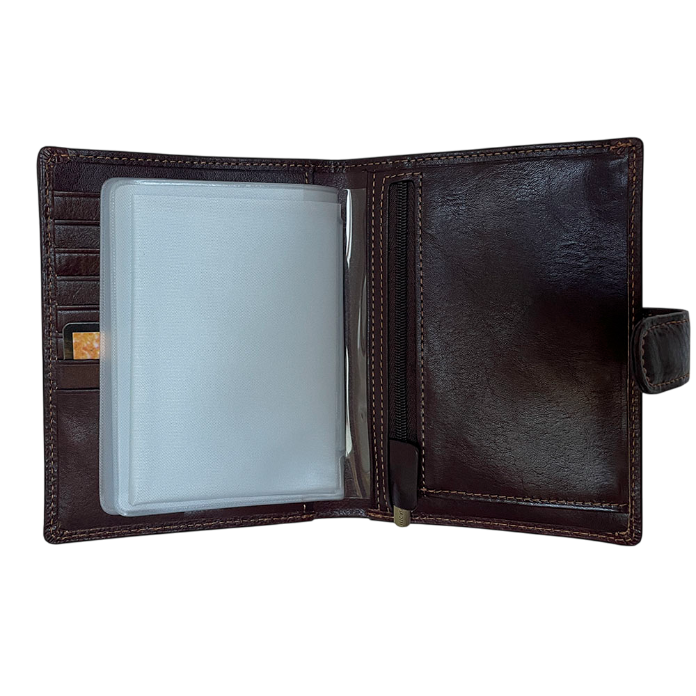 Tony Perotti Italico 3274A moro passport wallet opened with the insert booklet turned over, showing the vertical zip pocket along the spine