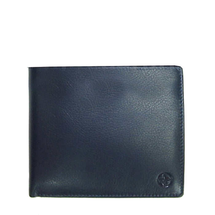 Navy Tony Perotti Cortina 5068 leather card wallet seen straight on, closed, with the embossed compass rose in the lower corner