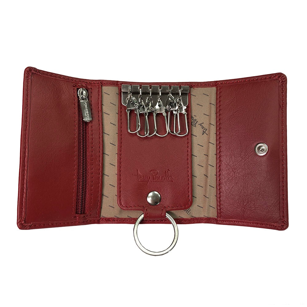 Tony Perotti New Rainbow 1117 rosso — opened flat: the six empty hooks, the card slots behind the side panels and the ring on its leather tab