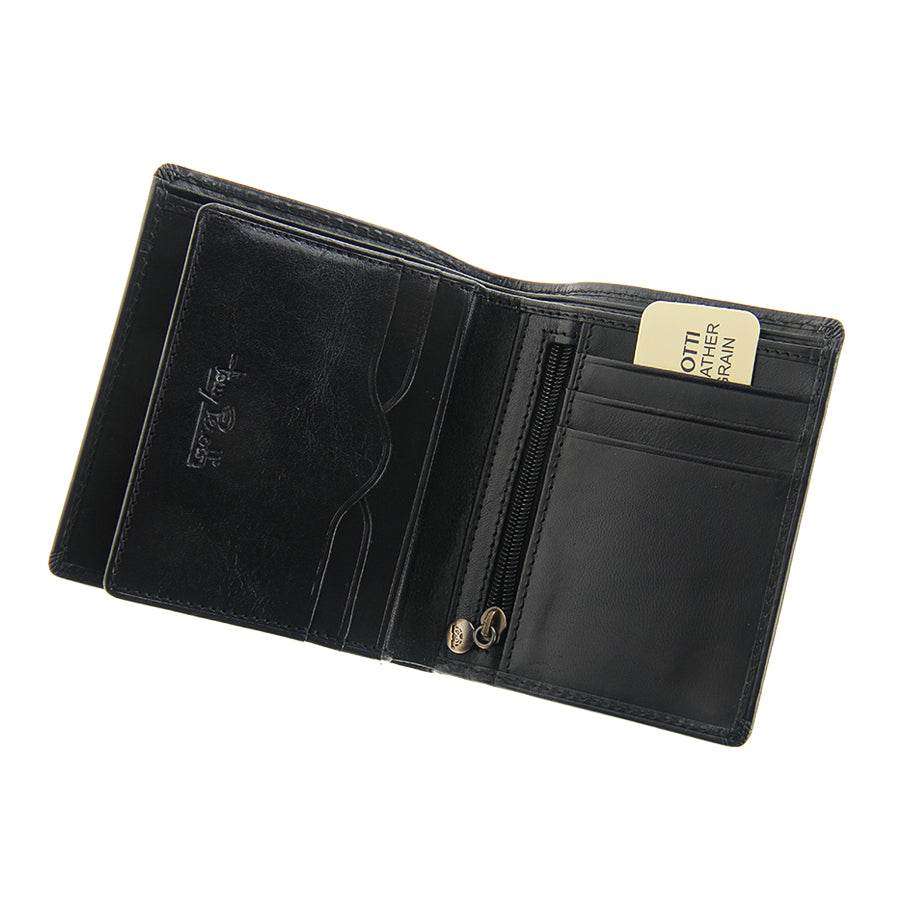 Tony Perotti Italico 2112 nero black leather wallet open — the bill compartment with the embossed Tony Perotti signature on the left, a zipped coin pocket in the centre and card slots with a branded insert card on the right
