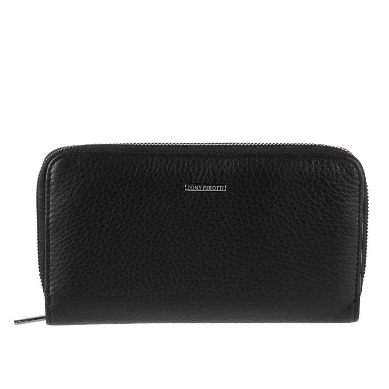Tony Perotti New Contatto 3622 nero black pebbled calf zip-around wallet — handcrafted in Italy