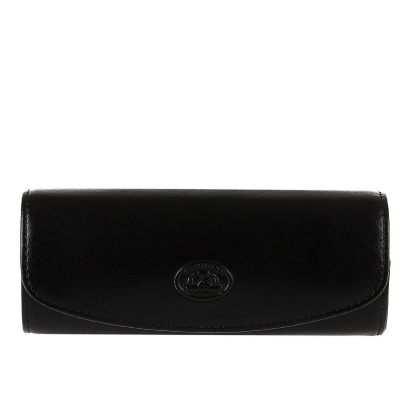 Black leather hard glasses case Tony Perotti Italico 1290 nero — front with the curved flap and the embossed oval turtle emblem