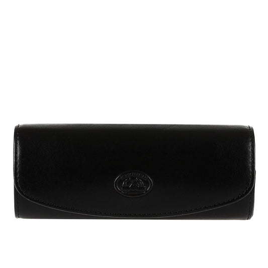 Black leather hard glasses case Tony Perotti Italico 1290 nero — front with the curved flap and the embossed oval turtle emblem