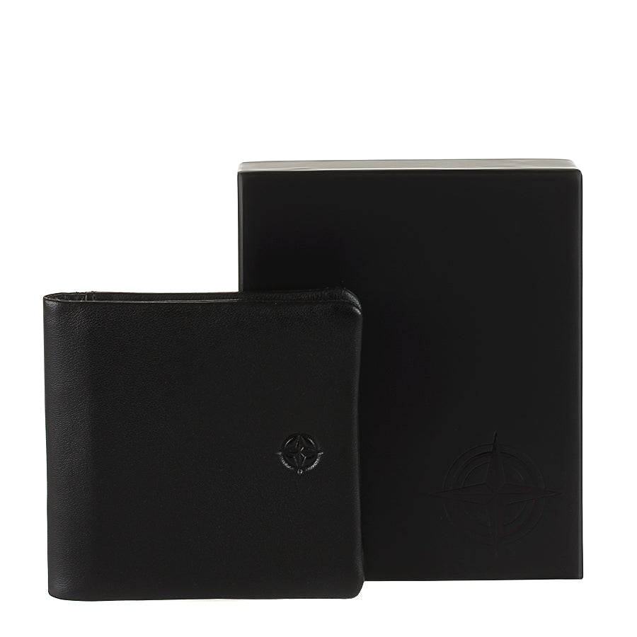 Black Tony Perotti Cortina 5080 nero coin pouch beside its branded Tony Perotti gift box