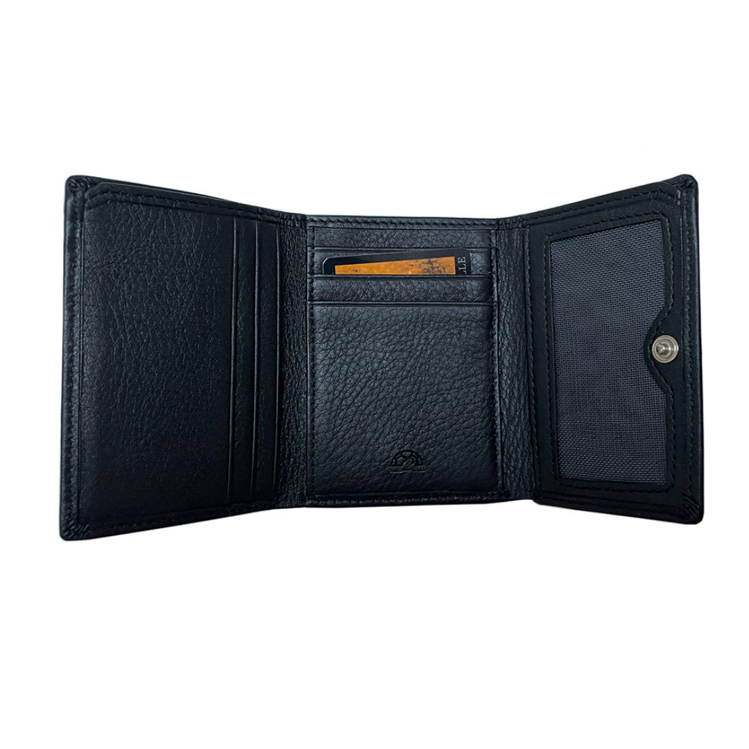 Small black leather trifold wallet by Tony Perotti — compact vertical format