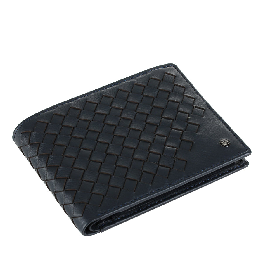 Tony Perotti Timone intrecciato 12013 navy navy woven leather bifold wallet lying closed, angled view