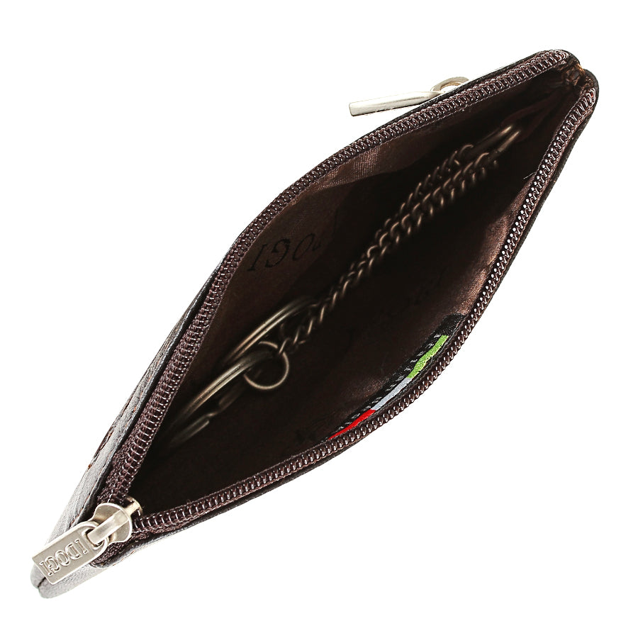 Open dark brown leather key pouch with key rings on chains and woven I DOGI lining — Cortina 5002 moro