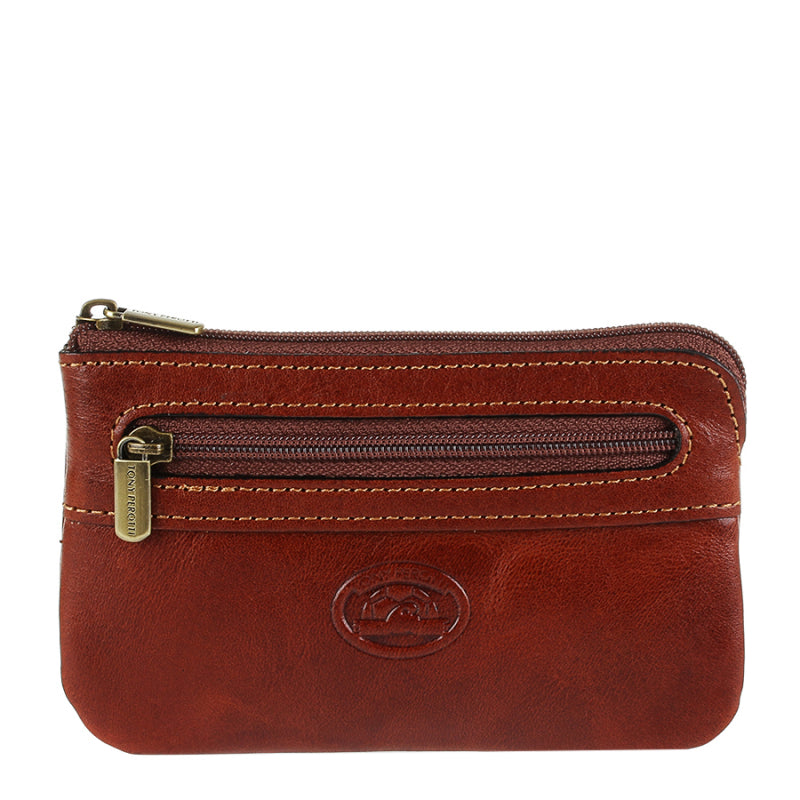 Tony Perotti cognac bull leather zip key pouch with contrast stitching — Italico 359 cognac